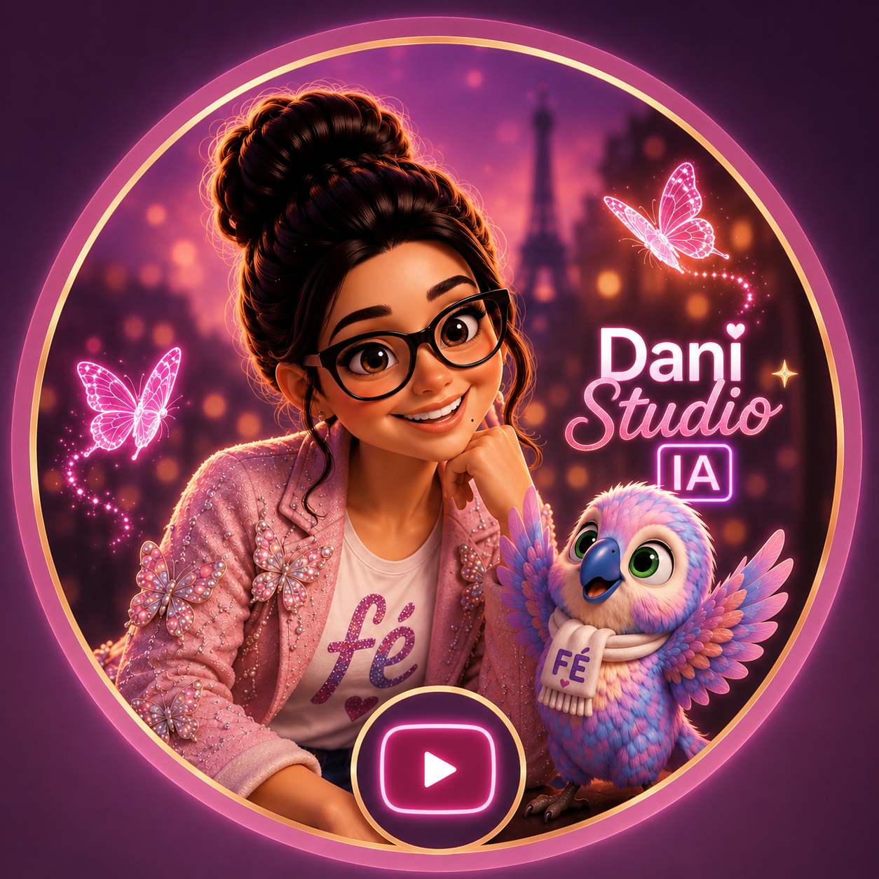 Dani e a mascotinha Fêfê com símbolo de reprodução do YouTube