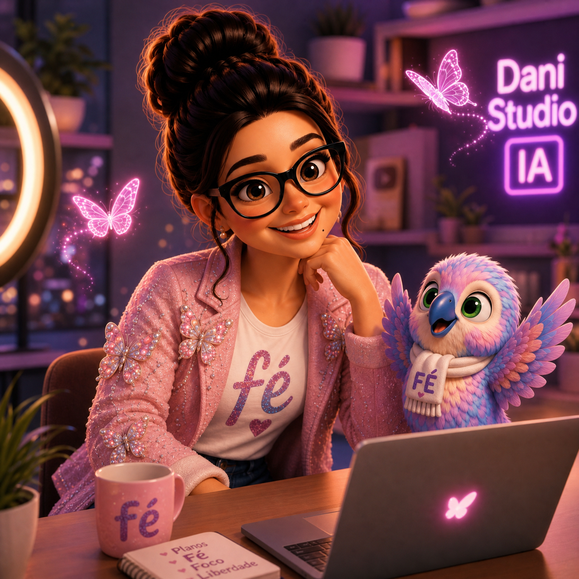 Dani com sua mascotinha Fêfê no estúdio Dani Studio IA